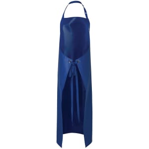 A blue vinyl apron with a tie waist and grommets, suitable for work environments. Features a logo.