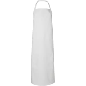 A white vinyl apron hangs straight down, featuring a neck loop and no visible pockets or embellishments.