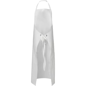 A white vinyl apron with an adjustable neck strap and waist ties; features eyelet details.