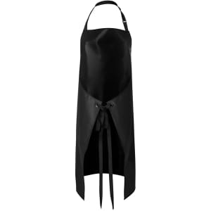 A black vinyl bib apron featuring a tie closure and adjustable straps, designed for workwear use.