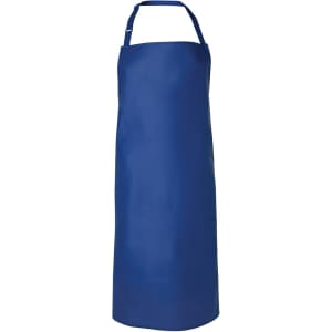 A blue vinyl bib apron with an adjustable neck strap, featuring a logo. Suitable for various workwear applications.