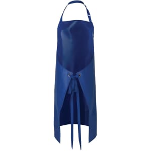 A blue vinyl bib apron featuring an adjustable neck strap and tie fastening, with a logo on the front.