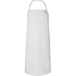 A white vinyl bib apron with a neck strap, featuring a simple design and no visible logos.