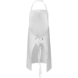 A white vinyl bib apron featuring a waist tie and eyelet details, suitable for workwear.