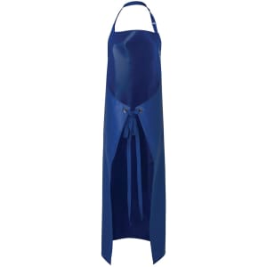 A blue vinyl apron with a long design, featuring a tied waist and a logo. Suitable for workwear use.