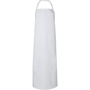 A white vinyl apron with neck strap, featuring a logo, suitable for workwear applications.