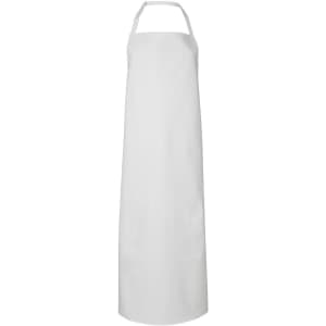 A white vinyl apron with a neck strap, suitable for workwear purposes. It has a solid, durable design.