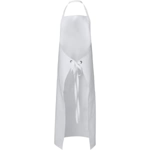 A white vinyl apron with adjustable straps and a tie closure, featuring an eyelet design.