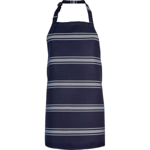 A navy blue apron with grey stripes and a halter neck. It features a logo or branding.