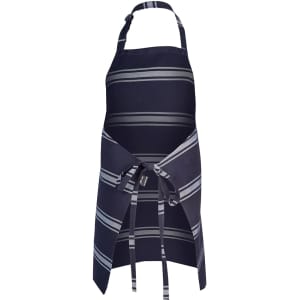 A navy apron with grey stripes, featuring a neck strap and waist ties, and includes branding.