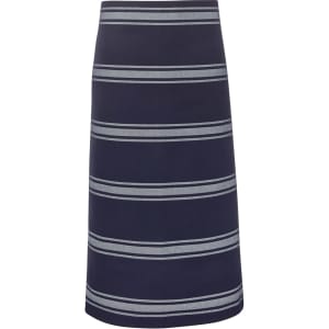 A navy blue apron featuring horizontal stripes in lighter shades, with no visible branding.