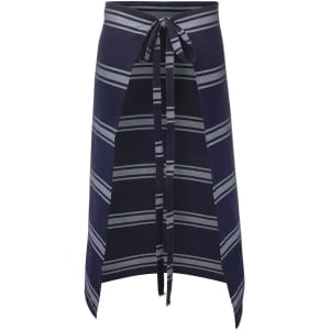 A navy blue butcher's apron with grey stripes and a tie closure, featuring a logo.