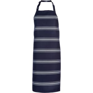 A navy blue apron with horizontal stripes and a neck strap. It has a logo on the front.