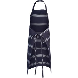 A navy striped apron with a halter neck and waist ties, featuring a logo. Suitable for workwear use.