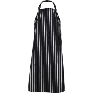 A striped black and white apron with a pocket and adjustable neck strap. It features a logo on the front.