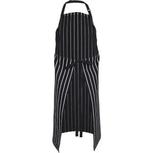 A black and white striped apron featuring a tie waist and adjustable neck strap, with a logo present.