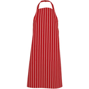 A red striped apron featuring an adjustable neck strap and a front pocket. It has a logo on the design.