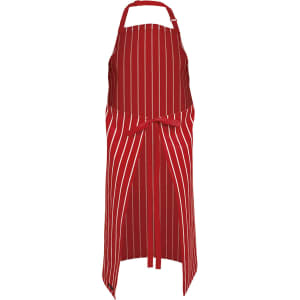 A red striped apron featuring a tie waist and a logo, designed for workwear.