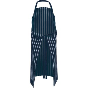 A navy and white striped apron with a tie waist and a neck loop, featuring a logo.