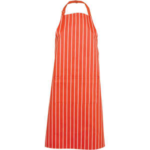 An orange striped apron with a pocket, featuring a neck strap and adjustable tie.