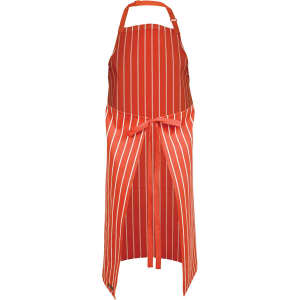 A red and white striped apron with an adjustable neck strap and waist ties, featuring a logo.