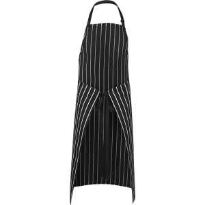 A black and white striped apron with a tie and no pocket, featuring a logo. Suitable for workwear purposes.