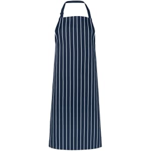 A navy blue striped apron without a pocket, featuring a halter neck and an adjustable strap.