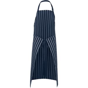 A navy blue striped apron with a waist tie and no pocket, featuring a branding logo.