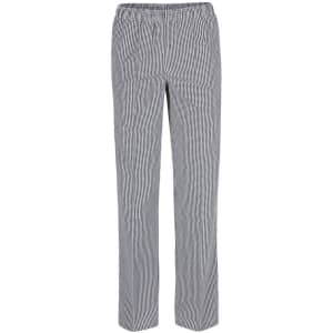 Elasticated chef pants in a black and white check pattern, featuring a relaxed fit and an elastic waistband.