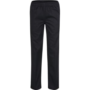 A pair of black elasticated chef pants featuring a simple design and an elastic waistband.