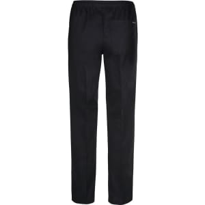 Black elasticated chef pants featuring a single back pocket and a logo.