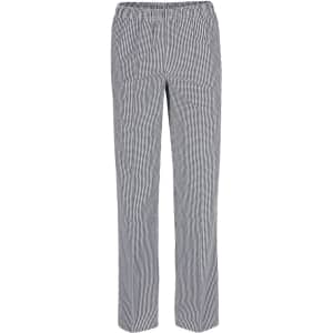 Elasticated chef pants in a black and white check pattern, featuring a relaxed fit and an elastic waistband.