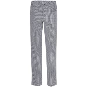 Elasticated chefs pants in a black and white check pattern, featuring a back pocket and an elastic waistband.