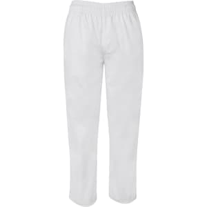 White elasticated pants featuring a simple design and an elastic waistband, suitable for casual wear.