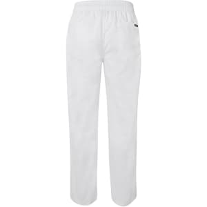 White elasticated pants with a single back pocket and a logo on the waistband.