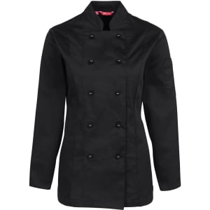 A black ladies' long-sleeve chef's jacket with a double-breasted design and a side pocket.