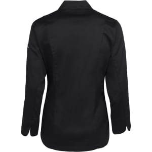 A black ladies' long-sleeve chef's jacket with a sleek design, featuring a collar and a logo on the sleeve.