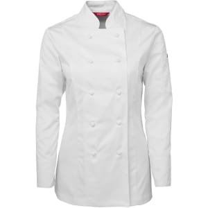A white long sleeve chef's jacket with a double-breasted design and a logo on the sleeve.