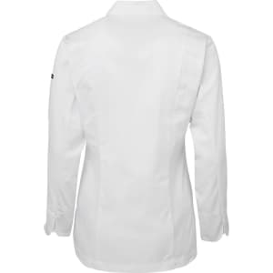 A white long-sleeve chef's jacket with an elegant design and a logo on the sleeve.