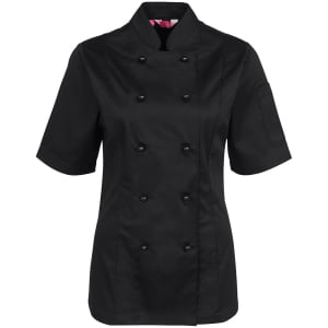A black ladies' short-sleeve chef's jacket with double-breasted buttons and a single sleeve pocket.