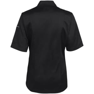 A black short-sleeved chef's jacket featuring a logo, designed for women's wear.
