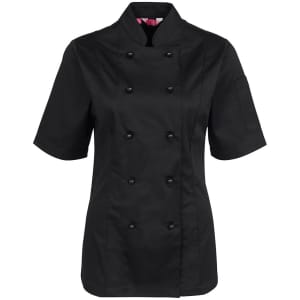 A black ladies short-sleeved chef's jacket with double-breasted button closure and a side pocket.