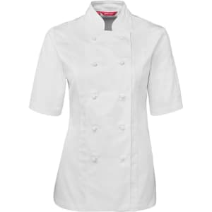 White short-sleeve chef's jacket for ladies with a double-breasted design and a branded logo.