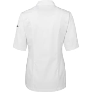 A white short-sleeved chef's jacket with a back view, featuring a logo on one sleeve.