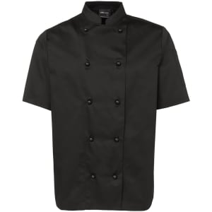 A short-sleeved black chef's jacket with a double-breasted front and a standing collar. Features a logo on the sleeve.
