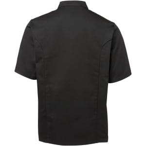 A black short-sleeve chef's jacket with a classic collar and a branded logo on the back.