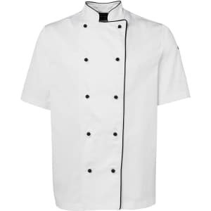A white chef's jacket featuring short sleeves and black piping along the edges. It has a logo on one sleeve.