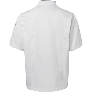 A white short-sleeve chef's jacket featuring a simple, sleek design and a logo on the sleeve.