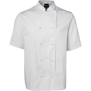 A white short-sleeve chef's jacket with a double-breasted design and a logo on the collar.