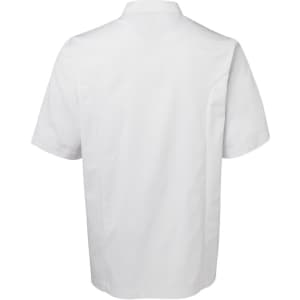 A short-sleeved chef's jacket in white, featuring a simple design and a classic collar, with a logo on the left side.